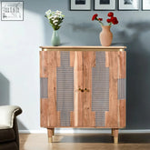 Wooden berkley acacia wood 2 doors sideboard with vertical slatted panels and brass accents in natural finish