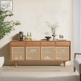 Light pine wood bertha rattan sideboard with woven cane panels and tapered legs for stylish storage