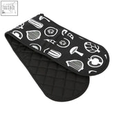 Besa black double oven glove made of quilted fabric with white food-themed illustrations perfect as an oven glove
