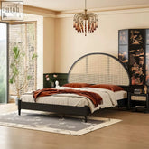 Black beverly king size bed with curved headboard and woven rattan paneling in king size and super king size options