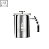 Bialetti stainless steel milk frother with a sleek reflective finish and engraved logo perfect for creamy froth