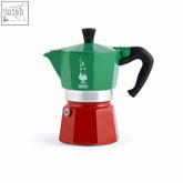 Green and red bialetti moka express stovetop coffee maker with black handle and lid knob for stovetop coffee brewing