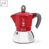 Red and silver bialetti moka induction stovetop coffee maker with gray handle and lid loop for stovetop coffee making