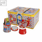 Vibrant red bialetti moka express 3 cup with ornate sicilian cart pattern and matching tin gift set for italian coffee fans