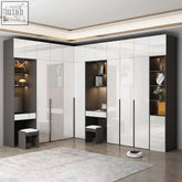 Modern white and black high-gloss bianchi corner wardrobe with integrated desks lighting and dressing table setup