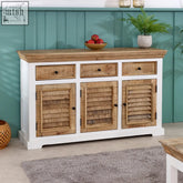 White and natural wood sideboard with three louvered doors two drawers and rustic solid mango wood top
