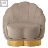 Beige velvet shell-shaped biarritz mink velvet chair with a gold-plated circular base perfect for stylish seating
