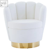 White boucle scalloped swivel chair with plush shell shape and gold-tone circular base perfect for stylish seating
