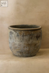 Weathered grey asian pots ceramic planter with rustic aged patina and flared rim perfect for outdoor decor