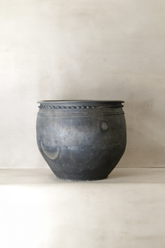 Dark gray handcrafted ceramic planter with embossed patterns and beaded rim from big old grey asian pots l019