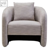 A bilani grey linen effect curved chair with soft gray fabric, rounded arms, and a matching cushion