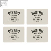 Beige rectangular coasters from bistro set of four placemats with bold typography and vintage kitchen tribeca text
