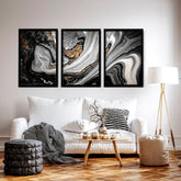 Abstract large wall art | set of 3 Black and Gold wall art prints