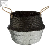 Black and silver small seagrass basket with woven texture and natural fiber handles for stylish storage