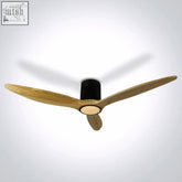 Modern ceiling fan with black body and three light wood blades for stylish home lighting and airflow