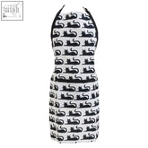 White apron with black cat silhouettes in a repeating pattern perfect for a fun black cat apron design