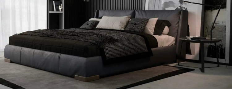 Black leather platform bed with modern design and metal frame