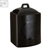 Black text stoneware coffee canister with a glossy finish and matching lid for fresh coffee storage