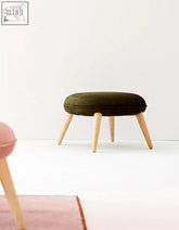 Olive green velvet dressing table stool with light wood legs perfect for blanche velvet dressing setup