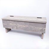 Gray distressed wood traditional wooden storage bench with black metal latches perfect as a blanket box seat