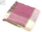 A soft block check pure new wool throw in apple raspberry with dusty pink sage green and cream plaid 183cm including fringe
