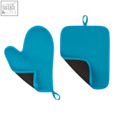 Blue neoprene oven glove and pot holder set with black interior lining for safe heat protection in the kitchen