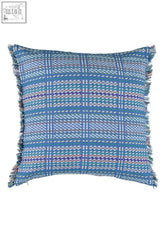 Blue picnic p~s cushion in loomed cotton with blue plaid woven pattern and frayed edges for outdoor comfort