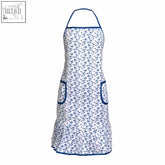 White kitchen apron with blue rose floral pattern, adjustable strap, and two front pockets for easy use