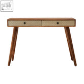 Boho 2 drawer acacia wood console table with beige fabric drawers, dark knobs, and tapered legs in a minimalist style