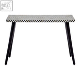 Boho black and white bone inlay console table with chevron pattern and sleek tapered metal legs
