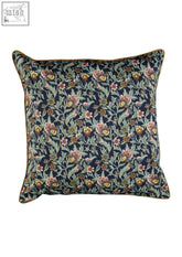 Boho blooms square cushion with intricate floral pattern in pink yellow and green on navy with satin backing and hollowfibre filler