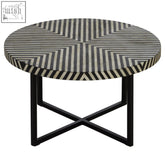 Boho bone inlay coffee table with black and white geometric bone inlay top and sleek black metal legs
