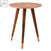Boho copper finish round wooden side table with textured light top and dark tapered legs with lighter tips