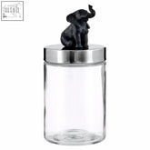 Clear glass elephant jar with silver lid and black boho elephant figurine perched on top for decor use