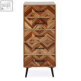 Boho five drawer mango wood chest with chevron pattern in warm brown tones and black metal handles