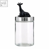 Boho giraffe jar with clear glass body silver lid and black giraffe figurine on top for stylish storage