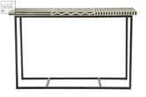 A modern boho mango wood console table with black metal frame and white bone inlay console top design