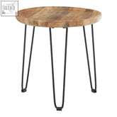 Boho natural small mango wood side table with round top and black metal hairpin legs perfect for cozy spaces