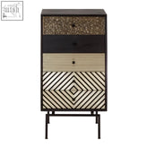 Boho patterned 5 drawer tall cabinet with striking geometric black beige and textured gold panels drawer tall cabinet