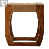 A square boho sheesham wood side table with natural wood finish and woven jute rope accent on top