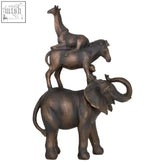 Bronze-colored boho stacking animals sculpture featuring elephant horse and giraffe in a tiered animals sculpture design