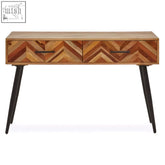 A sleek boho two drawer mango wood console table with chevron pattern top and black metal legs wood console table