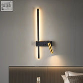Modern black and gold led wall lamp with vertical strip light and adjustable spotlight perfect reading light bedside
