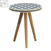 Bone inlay tripod footstool with a gray white hexagonal mosaic top bordered by black and mango wood legs