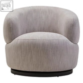 A sleek textured grey curved swivel chair with light gray upholstery and a black circular base for stylish comfort