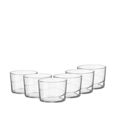 Clear glass tumblers with subtle horizontal ridges in the bormioli rocco swirl mini set of 6 for everyday use