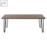 Modern coffee table featuring a sleek light brown wooden top and black metal legs perfect for any living room