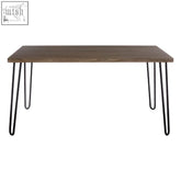 A sleek borough veneer top dining table with wood effect veneer and black finish metal hairpin legs