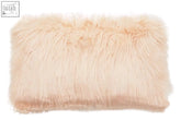 A plush cream-colored faux fur pillow with soft fluffy texture and slightly frayed edges from bosie mongolian faux fur pink rectangular cushion