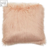 Bosie mongolian faux fur pink square cushion featuring a plush peach-colored faux fur pink throw pillow with fluffy texture